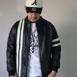 Black Leather Bomber - White Stripe