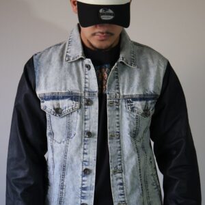 Acid Wash Denim & Leather Varsity Jacket