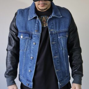 Denim & Leather Varsity Jacket - Mid Wash
