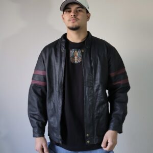 Black Leather Racing Jacket - Maroon Stripes